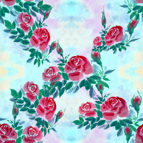 Květy Růží Pupeny Listy Akvarel Zázemí Bezešvé Pozadí Koláž Květů — Stock fotografie
