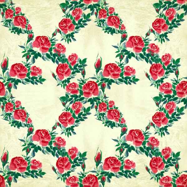 Λουλούδια Τριαντάφυλλα Μπουμπούκια Και Φύλλα Ακουαρέλα Φόντο Απρόσκοπτη Υπόβαθρο Κολάζ — Φωτογραφία Αρχείου