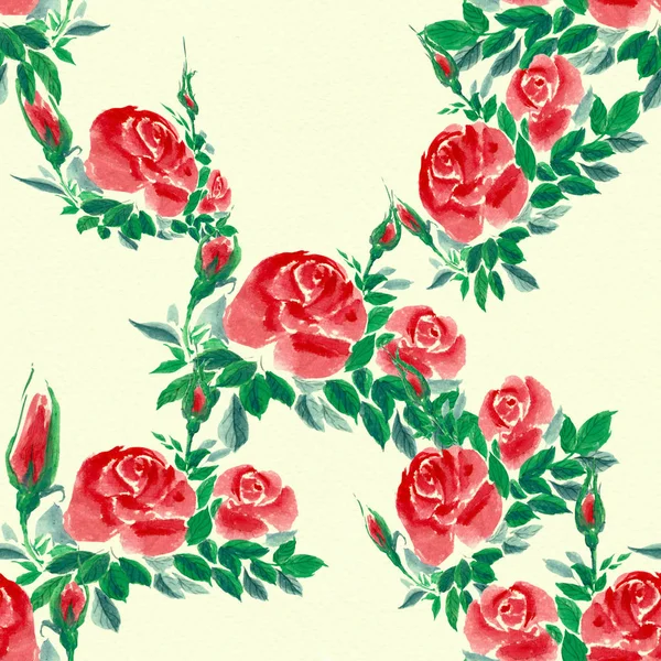 Blommor Rosor Knoppar Och Blad Akvarell Bakgrund Sömlös Bakgrund Collage — Stockfoto