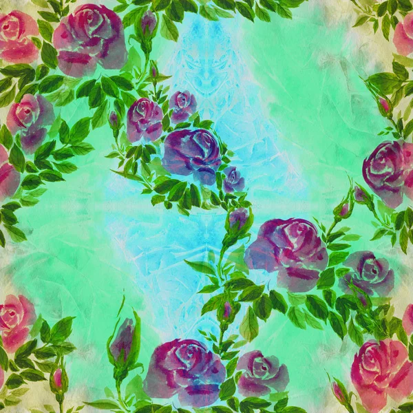 Kwiaty Róże Pąków Liści Tle Akwarela Bezszwowe Tło Kolaż Kwiatów — Zdjęcie stockowe