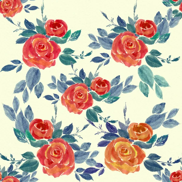 Květy Růží Pupeny Listy Akvarel Zázemí Bezešvé Pozadí Koláž Květů — Stock fotografie