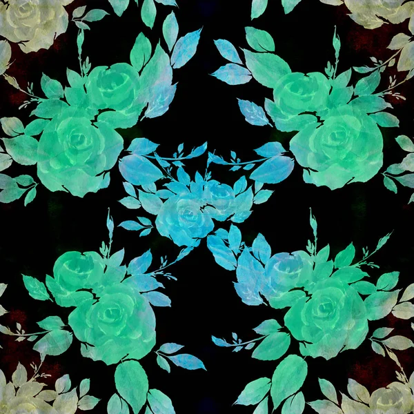 花玫瑰 花蕾和叶子在水彩画的背景 无缝的背景 花叶拼贴 中国画笔画在米纸上 使用印刷材料 — 图库照片