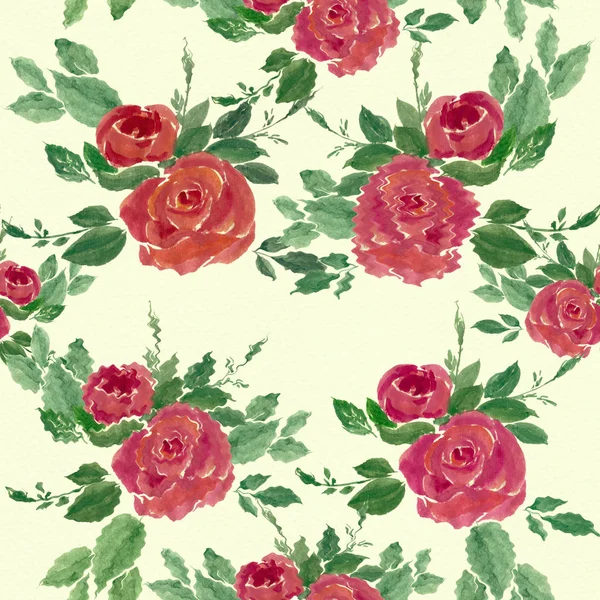 花玫瑰 花蕾和叶子在水彩画的背景 无缝的背景 花叶拼贴 中国画笔画在米纸上 使用印刷材料 — 图库照片