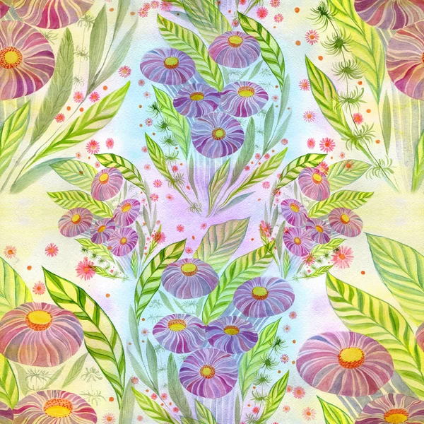 Blommor Bukett Med Blad Blommor Och Knoppar Akvarell Seamless Mönster — Stockfoto