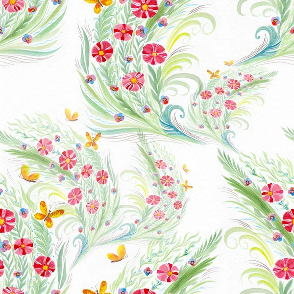 花やつぼみが付いている花束 水彩画 花と水彩の背景に葉のコラージュのシームレスなパターン 印刷物 オブジェクト Web サイト マップを使用して — ストック写真