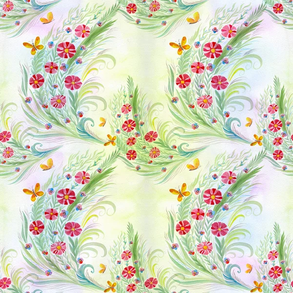 Blumen Bouquet Mit Blättern Blüten Und Knospen Aquarell Nahtlose Mustercollage — Stockfoto