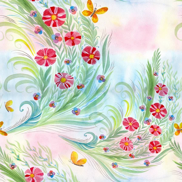 Blommor Bukett Med Blad Blommor Och Knoppar Akvarell Seamless Mönster — Stockfoto