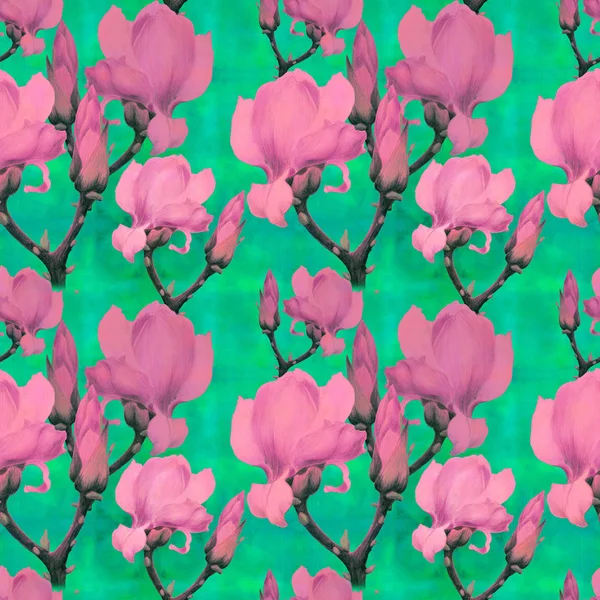 Magnolia Akvarell Varrat Nélküli Mintát Virágzó Ágak Háttérkép Használja Nyomtatott — Stock Fotó