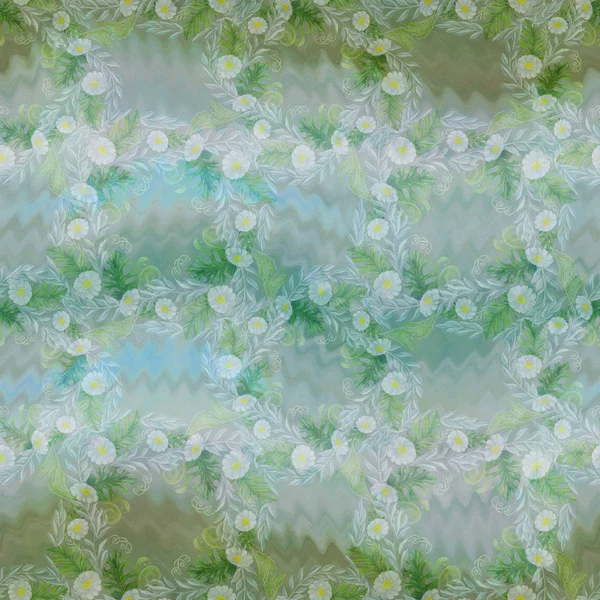 水彩画背景にデイジーの花 花のブーケを残します 花の水彩画の背景の上の葉のコラージュ 装飾的組成物 水彩画 シームレス パターン — ストック写真