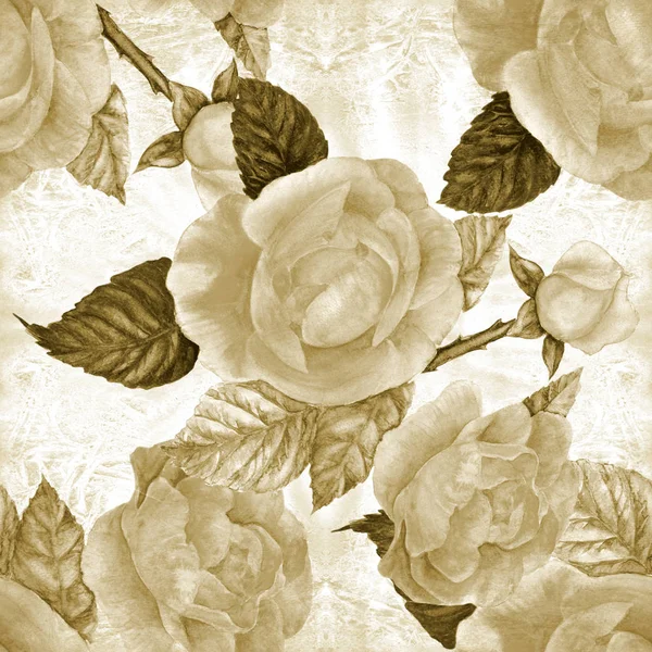 Květiny Větev Růže Listy Květy Poupata Akvarelem Bezešvé Pozadí Koláž — Stock fotografie