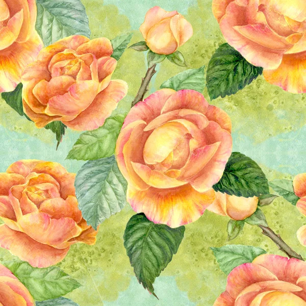 花玫瑰的枝枝 有叶子 花和芽 无缝的背景 水彩画背景上的花和叶子拼贴 使用印刷材料 — 图库照片
