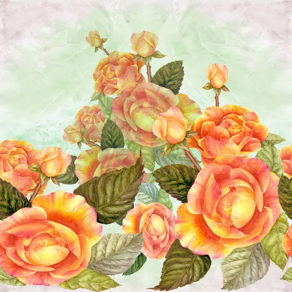 Flowers Branch Roses Leaves Flowers Buds Watercolor Seamless Background Collage — Stock Photo, Image