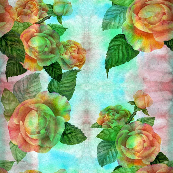花玫瑰的枝枝 有叶子 花和芽 无缝的背景 水彩画背景上的花和叶子拼贴 使用印刷材料 — 图库照片