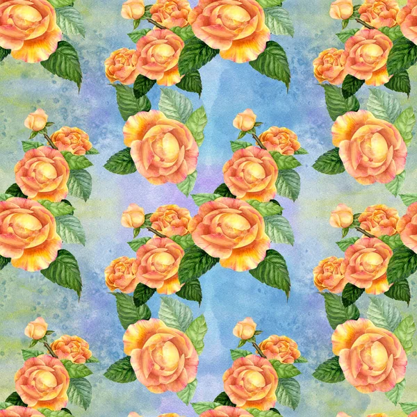 Květiny Větev Růže Listy Květy Poupata Akvarelem Bezešvé Pozadí Koláž — Stock fotografie