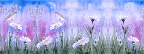 Daisy Flowers Field Background Sky Grass Meadow Grasses Watercolor Seamless — Stock Photo, Image