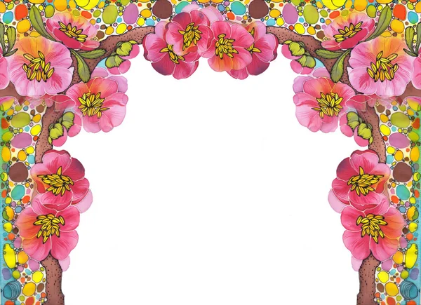 Branch Tree Bloom Spring Red Flowers Drawing Fabric Frame Flowers — Stock Photo, Image