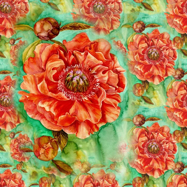 水彩画を背景にしたピオの花 シームレスな背景 花と葉のコラージュ 印刷物 オブジェクト ウェブサイト 地図を使用する — ストック写真