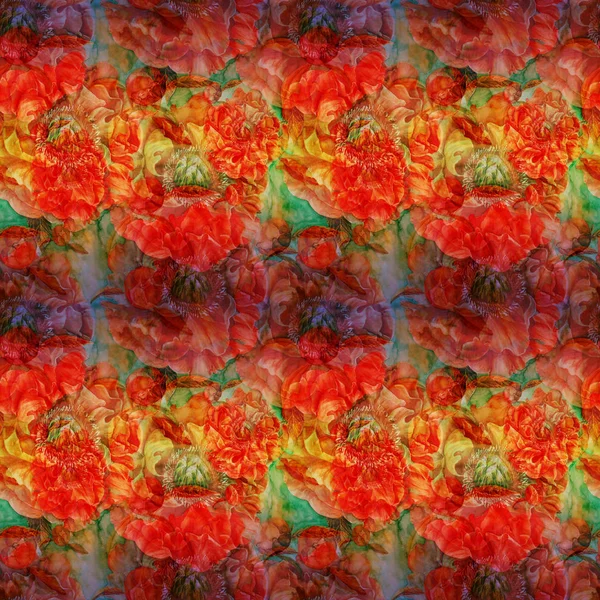 Kwiaty Piwonii Tle Akwareli Płynne Tło Kolaż Kwiatów Liści Korzystanie — Zdjęcie stockowe