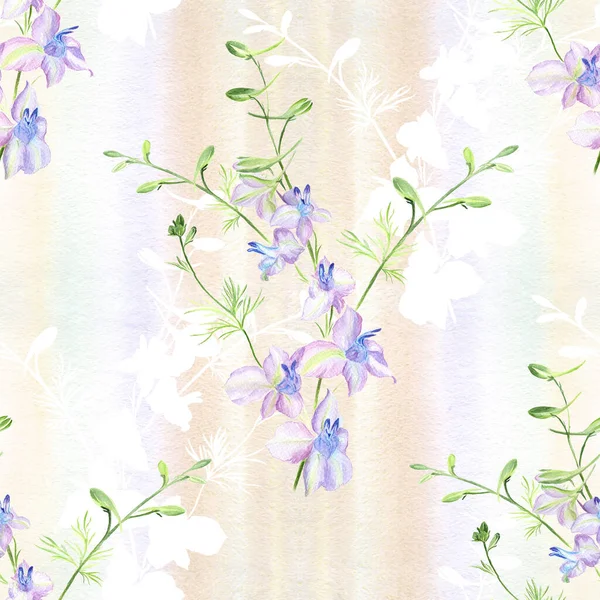 Seamless Pattern Branch Flowers Buds Watercolor Background Delphinium Garden Flowers — Stock Photo, Image