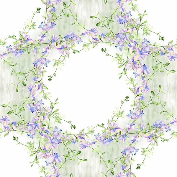 Seamless pattern.  A branch with flowers and buds on a watercolor background. Delphinium. Garden flowers.Medicinal, perfume and cosmetic plants. Use printed materials, signs, posters, postcards, packaging.