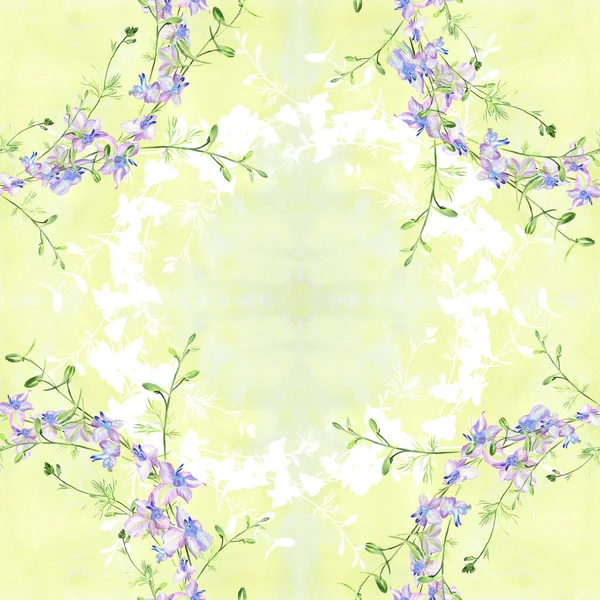 Seamless pattern.  A branch with flowers and buds on a watercolor background. Delphinium. Garden flowers.Medicinal, perfume and cosmetic plants. Use printed materials, signs, posters, postcards, packaging.