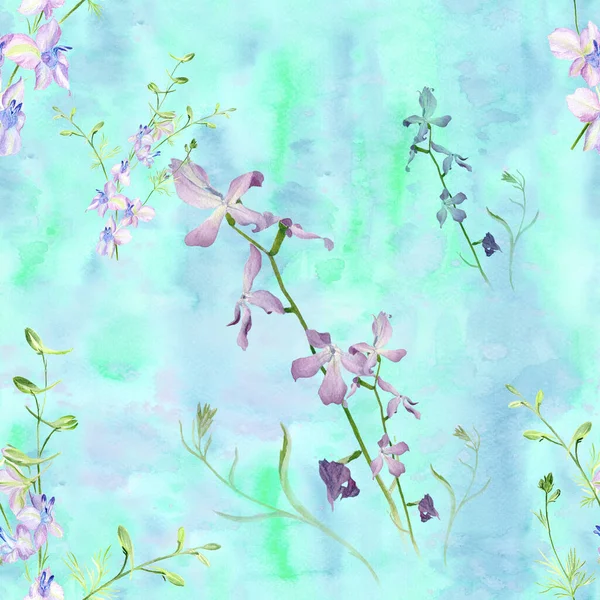 Kerti Virágok Virágok Levelek Rügyek Matiola Delfinium Egy Akvarell Háttér — Stock Fotó