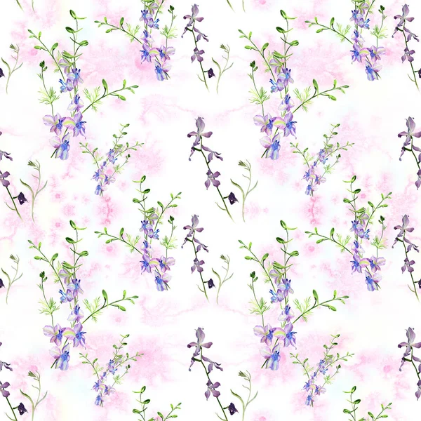 Garden flowers. Flowers, leaves and buds of  matiola and delphinium on a watercolor background. Seamless pattern. Use printed materials, signs, items, websites, maps, posters, postcards, packaging.