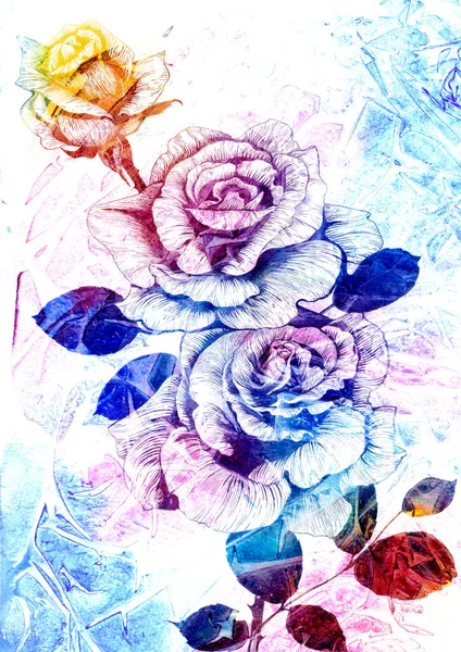Růže Květiny Listy Akvarel Tapeta Použijte Tištěné Materiály Plakáty Pohlednice — Stock fotografie