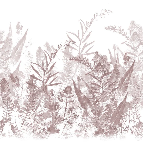 无缝图案 摘要装饰构图 彩色调色板 水彩画背景上的野生草本植物的轮廓 使用印刷材料 明信片 — 图库照片