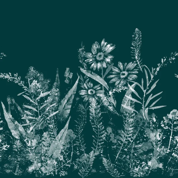 无缝图案 摘要装饰构图 彩色调色板 水彩画背景上的野生草本植物的轮廓 使用印刷材料 明信片 — 图库照片