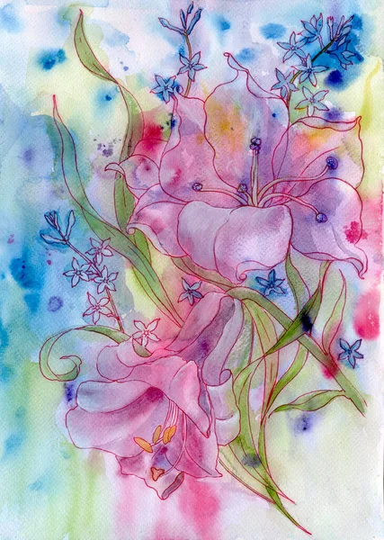 Bir Buket Çiçek Suluboya Çizim Soyut Bitki Bileşimi Yazdırılmış Materyalleri — Stok fotoğraf