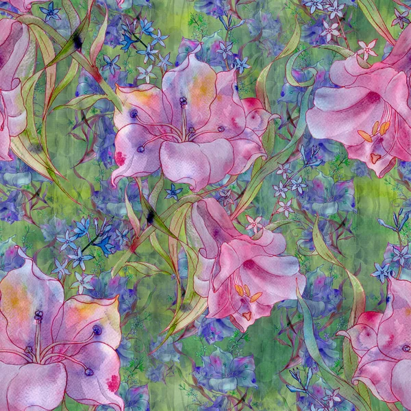 Kytice Květin Akvarel Kresba Bezproblémové Pozadí Abstraktní Složení Rostlin Použijte — Stock fotografie