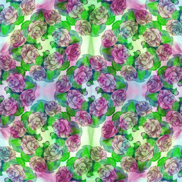 Camellia Bloem Met Bladeren Decoratieve Compositie Een Aquarelachtergrond Bloemmotieven Naadloos — Stockfoto