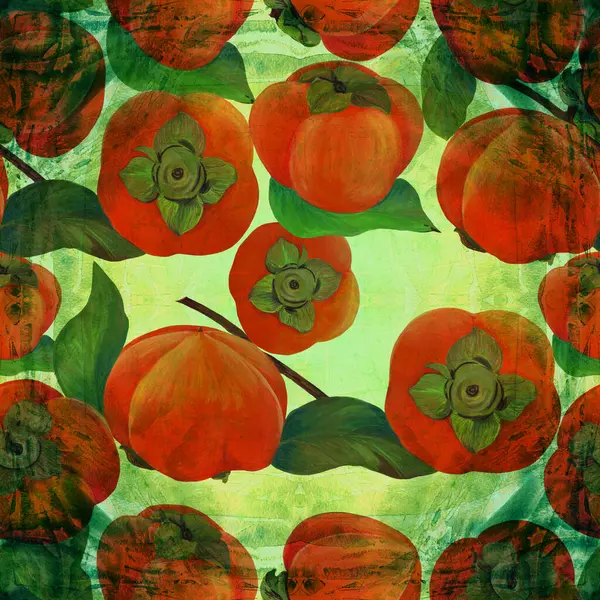 Persimmon Vruchten Bladeren Naadloos Patroon Aquarel Achtergrond Illustraties Voor Wenskaarten — Stockfoto