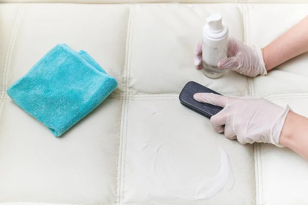 A woman cleans the leather sofa with a brush and detergent.