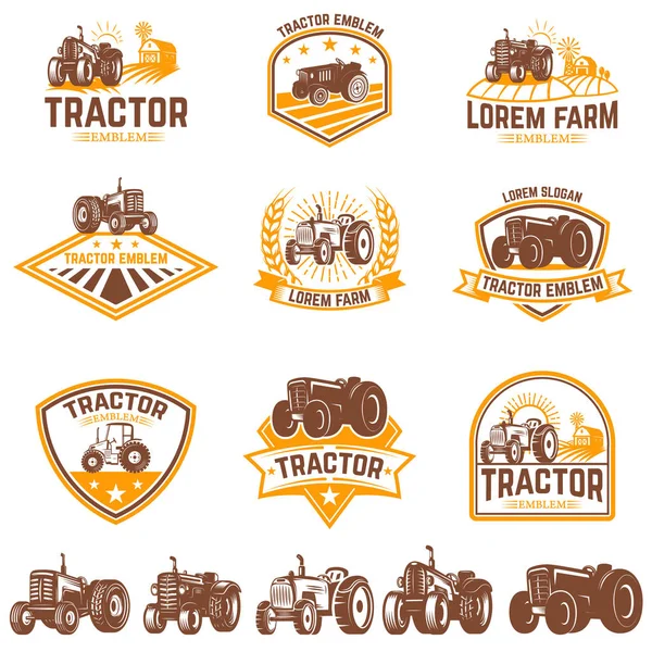 Sada traktor emblémy. Farmářský trh. Prvek návrhu loga, popisek, znamení. — Stockový vektor