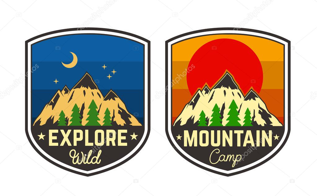 Set of mountain camping emblems. Design element for logo, label, sign, poster, t shirt. Vector illustration