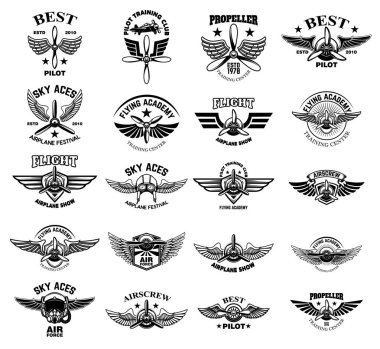 Vintage uçak Amblemler kümesi. Tasarım logo, etiket, işareti, menü öğeleri. Vektör çizim