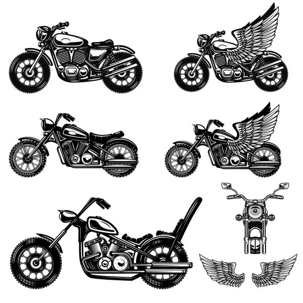 Set of motorcycle illustrations . Design element for logo, label, emblem, sign, poster. Vector image
