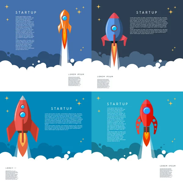 Conjunto Arranque Lanzamiento Cohetes Ilustración Estilo Dibujos Animados Imagen Vectorial — Vector de stock