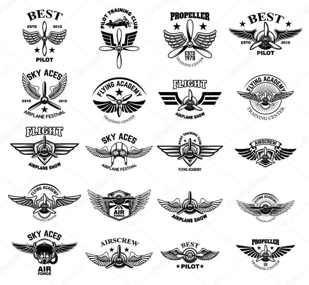 Set of vintage airplane emblems. Design elements for logo, label, sign, menu. Vector illustration