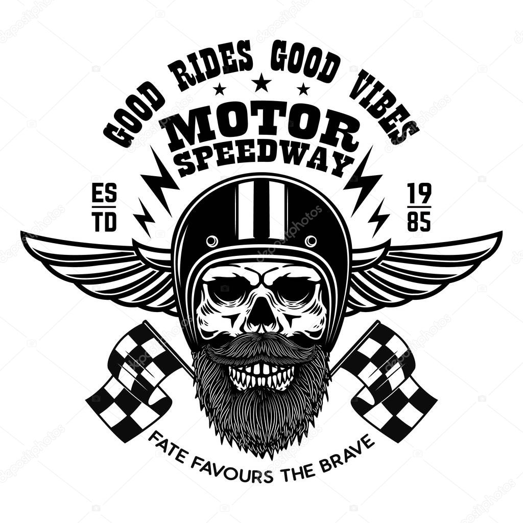 Racer skull in winged helmet. Emblem template with winged wheel. Design element for logo, label, sign, poster, t shirt. Vector image