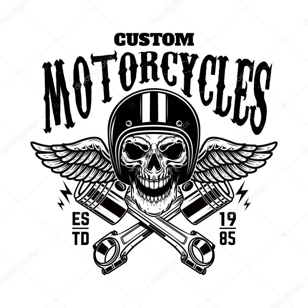 Custom motorcycles. Vintage racer skull in winged helmet and pistons. Design element for logo, label, emblem, sign, poster. Vector illustration