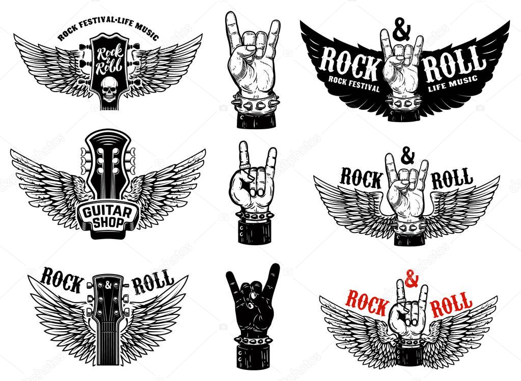 Set of vintage rock music fest emblems. Hand with Rock and roll sign with wings. Design element for logo, label, sign, poster, t shirt. Vector illustration