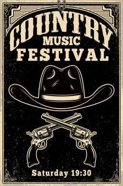 Country Müzik Festivali afiş şablon. Kovboy şapkası ile çapraz tabancalar. Vahşi Batı tema. Tasarım öğesi için poster, kart, afiş, el ilanı. Vektör çizim