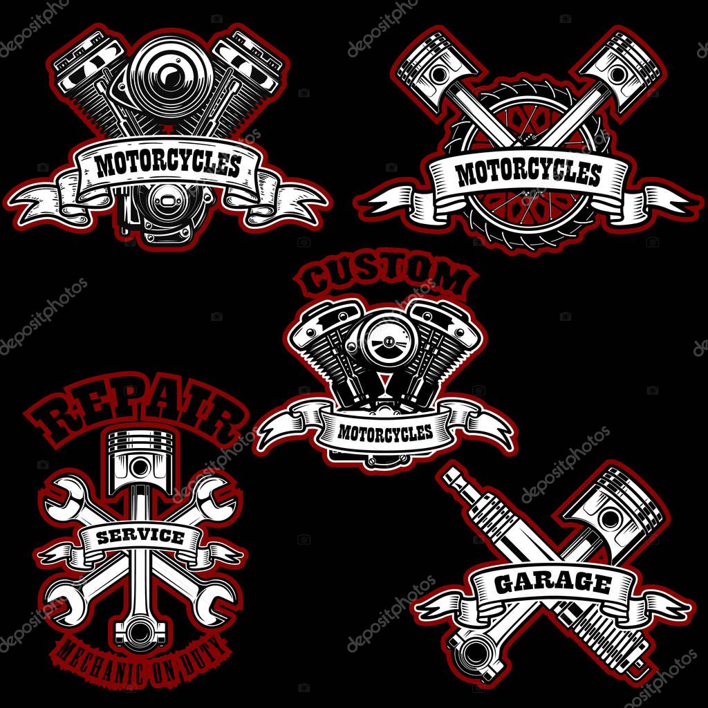 Set of motorcycle repair emblems. Bike motor, pistons. Design element for logo, label, emblem, sign, poster. Vector illustration