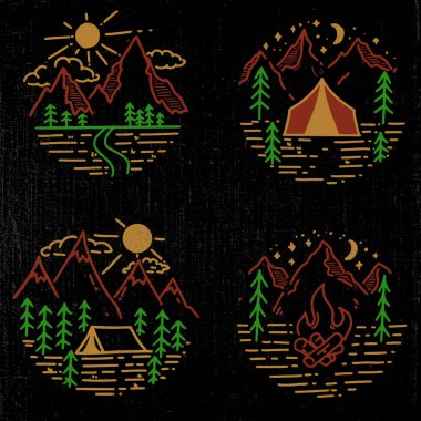 Hiking elle çizilmiş ve Turizm Amblemler kümesi. Tasarım öğesi logo, afiş, kart, amblem, yazdırma için. Vektör görüntü