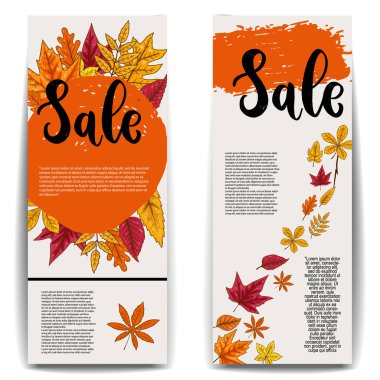 Satılık. Sonbahar yaprakları ile banner şablonlar kümesi. Poster, kart, arma, işaret afiş tasarım öğesi. Vektör görüntü