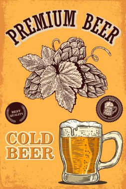 Retro tarzı içinde bira posteri. Bira nesneler grunge arka plan üzerinde. Tasarım öğesi kartı, el ilanı, afiş, baskı, menü için. Vektör çizim