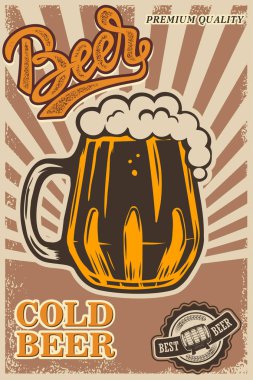 Retro tarzı içinde bira posteri. Bira nesneler grunge arka plan üzerinde. Tasarım öğesi kartı, el ilanı, afiş, baskı, menü için. Vektör çizim